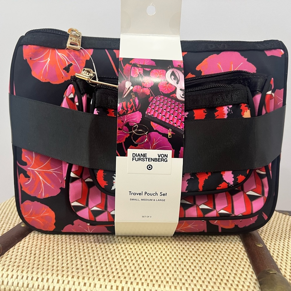 Diane Von Furstenberg Pink and Black Floral Pouch Set